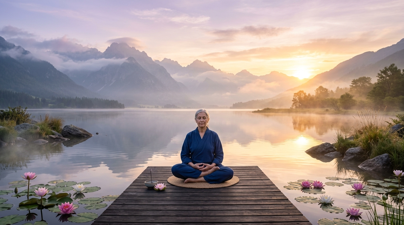 Meditación serena al amanecer junto a un lago en calma