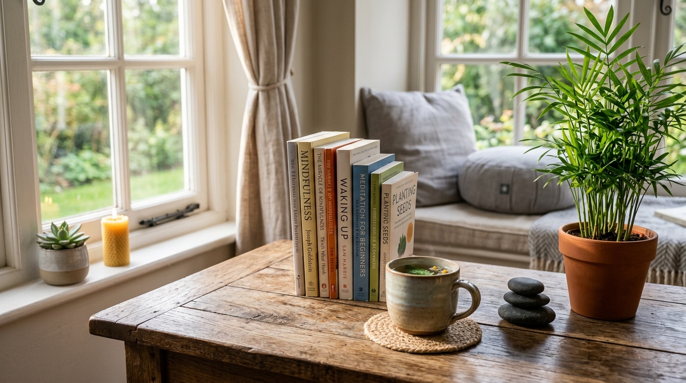Rincón zen con libros de meditación y té caliente